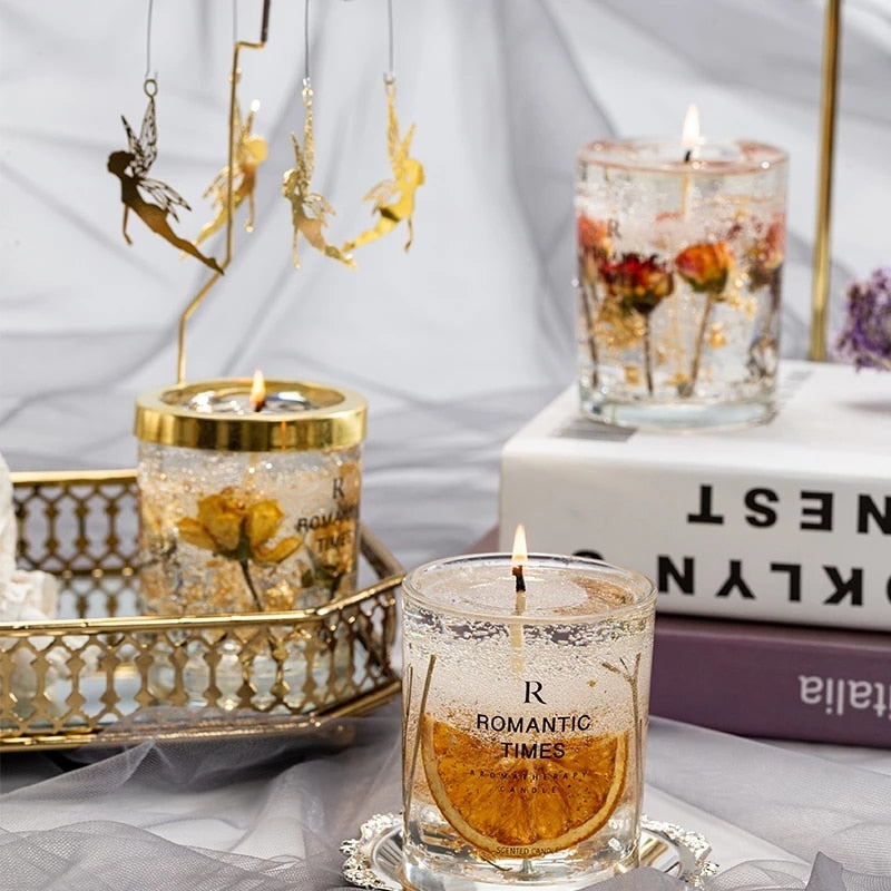 Transparent Gold Foil Wedding Decoration Candle Flower Fruit Essential Oil Scented Candle  Smokeless Aromatherapy Home Candles
