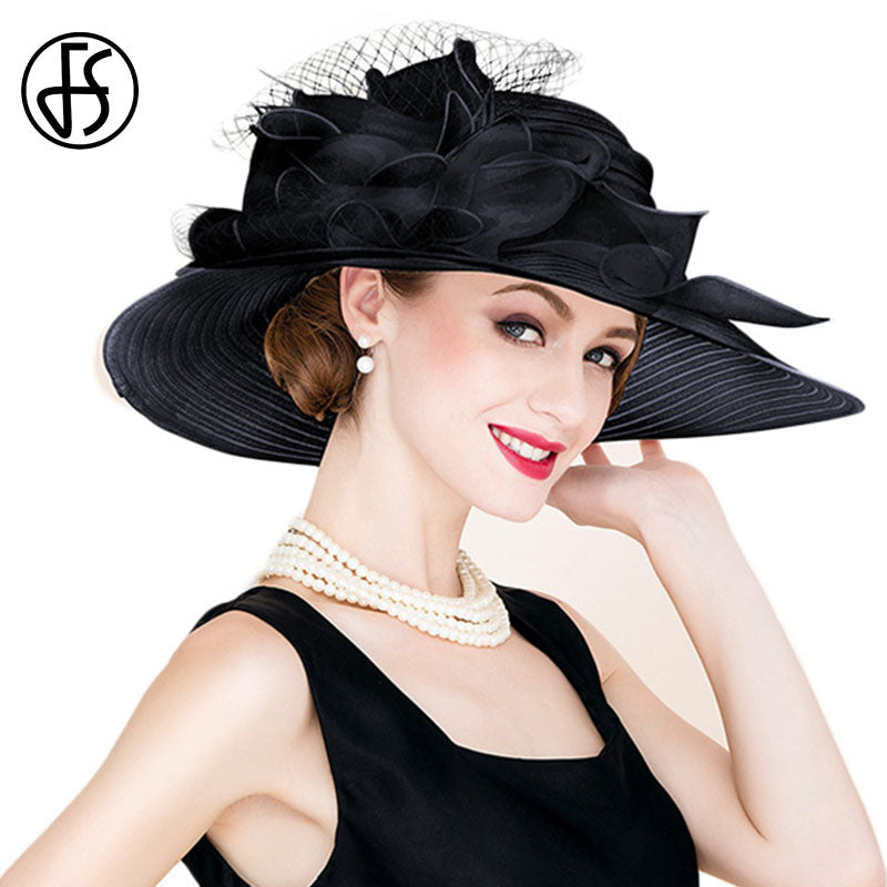 FS negro blanco elegante mujer iglesia sombreros para damas flores ala grande Organza sombrero playa sol Kentucky Derby sombrero Fedora