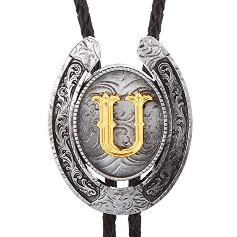 Vintage Gold Letter ABCDEFG-Z U shape bolo tie for man Indian cowboy western cowgirl leather rope zinc alloy necktie