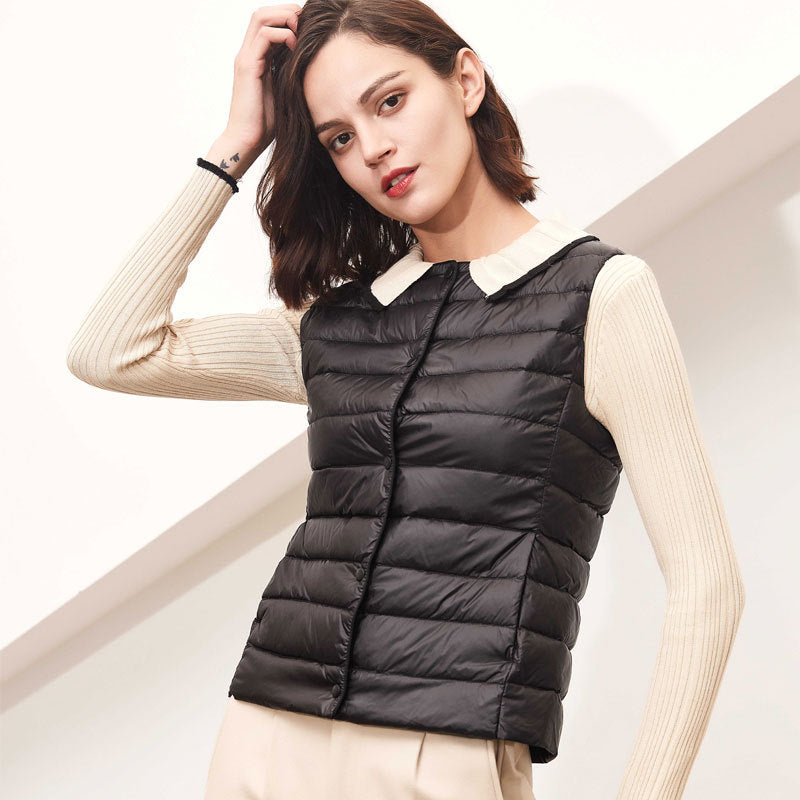 Women White Duck Down Vest Soft Ultra Light Jacket Winter Weightless Round Collar Portable Winter Sleeveless Warm Liner Button