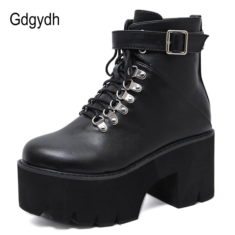 Gdgydh New Arrival Womens Autumn Shoes Chunky Block High Heel Platform Lace up Ankle Boots For Women Comfortable Promotion Sale