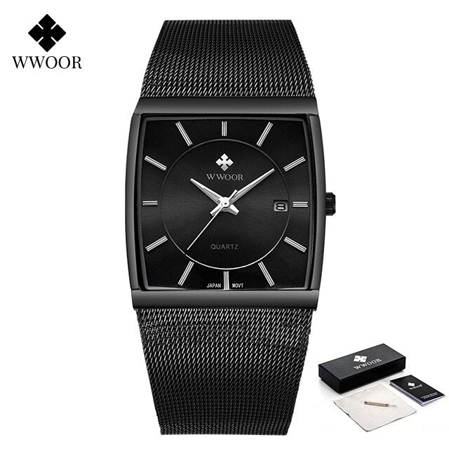 WWOOR Luxury Gold Watch Men Square Japan Quartz Slim Steel Mesh Waterproof Sports Automatic Date Wrist Watches Relogio Masculino