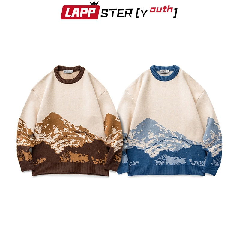 LAPPSTER-Youth Men Harajuku Moutain Winter Sweaters 2022 Pullover Mens Oversized Korean Fashions Sweater Women Vintage Clothes