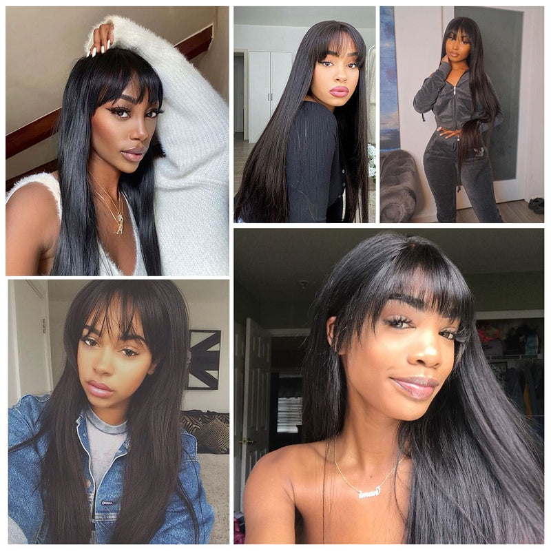 Brazilian Long Straight Wig with Bangs Human Hair Wig 150% Density Full Machine Wig with Bang for Black Women