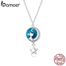 Bamoer Genuine 925 Sterling Silver Blue Enamel Moon &amp; Cat Pendant Necklace Star Neck Chain for Women Gift Fine Jewelry SCN422