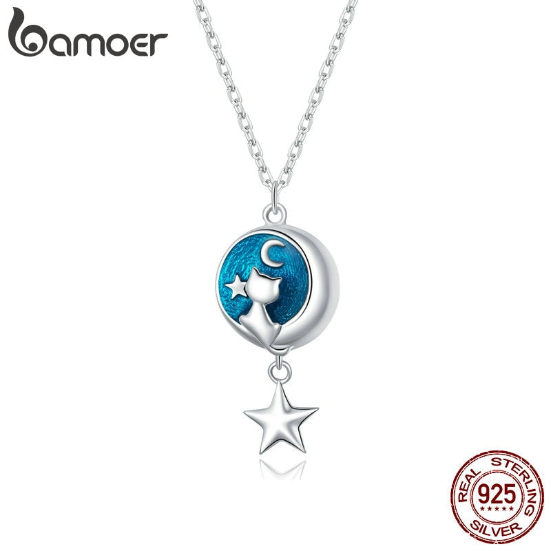 Bamoer Genuine 925 Sterling Silver Blue Enamel Moon &amp; Cat Pendant Necklace Star Neck Chain for Women Gift Fine Jewelry SCN422