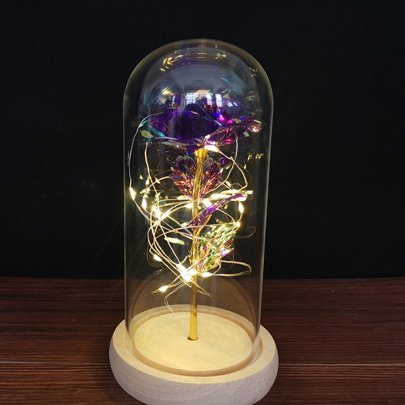 LED Enchanted Galaxy Rose Eternal 24K Gold Foil Flower with String Lights In Dome for Home Decor Christmas Valentine&