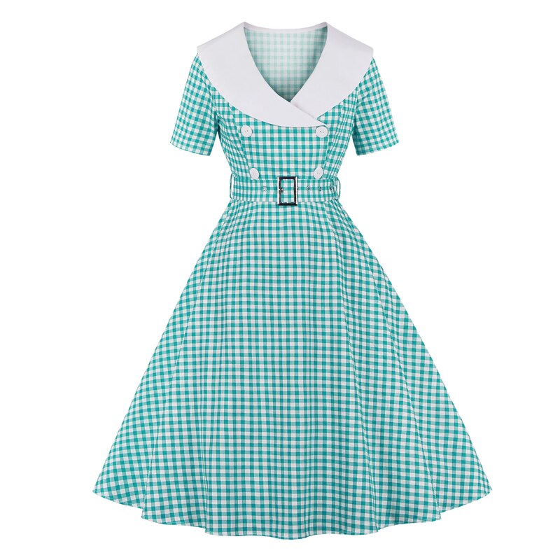 Tonval Gingham Print cintura alta Vintage A Line algodón Midi vestidos para mujer doble botonadura 1950S Rockabilly Plaid vestido