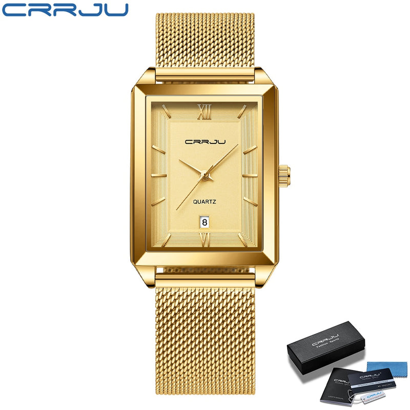 CRRJU Watch Men Top Brand Luxury Square Golden Quartz Stainless Steel Waterproof Wrist Watch Relogio Masculino