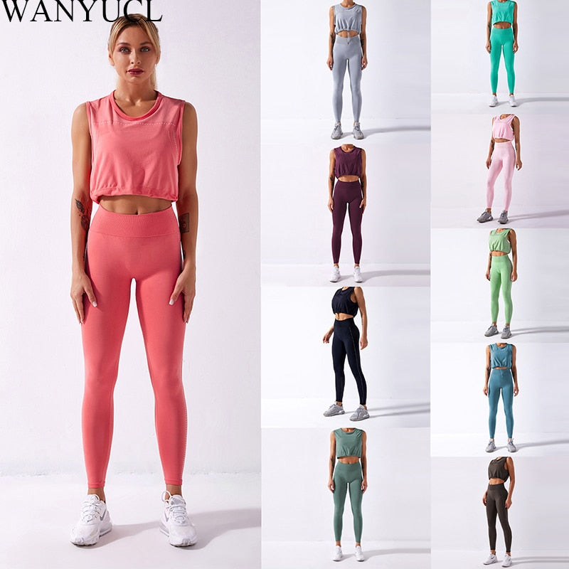 WANYUCL 2021 Seamless Suit Women 2pcs Sport Leggings And Top Workout Sleeveless Vest Elastic Yoga Set Girl Fitness Gym Sportwear