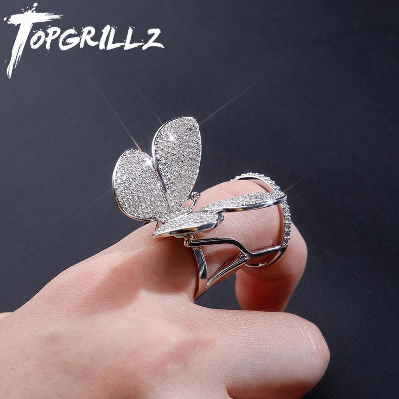 TOPGRILLZ Adjustable Butterfly Ring Movable Wings Ring Women Iced Out Cubic Zirconia Ring Fashion Charm Women Jewelry For Gift