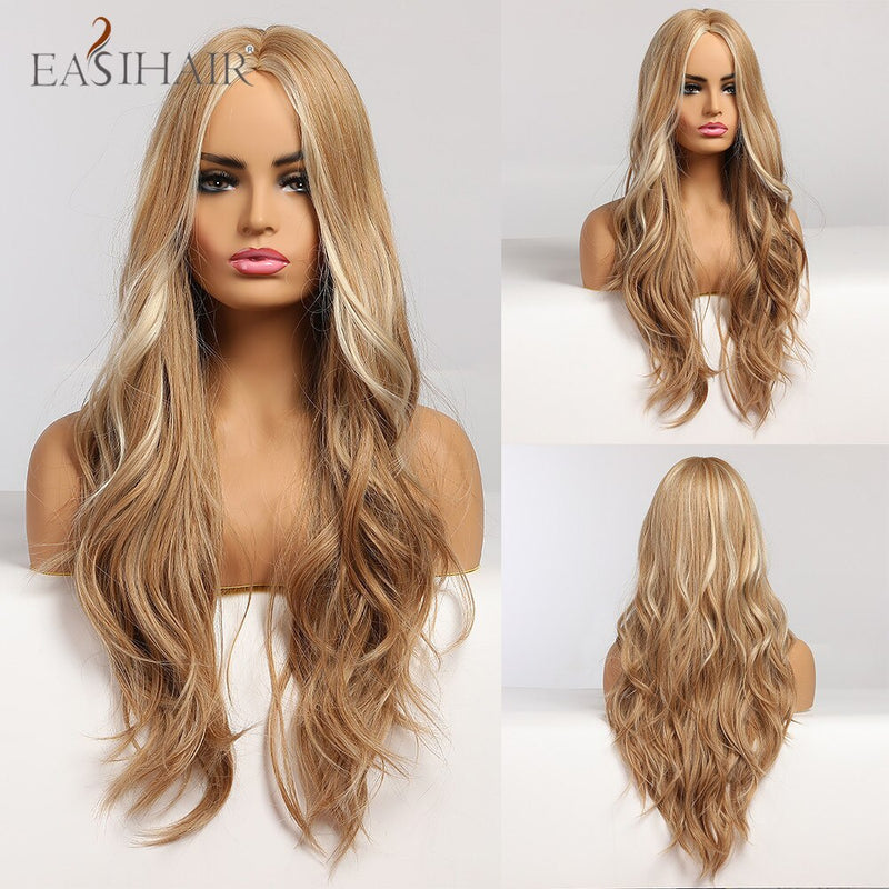 EASIHAIR largo rubio claro Ombre pelucas de estilo ondulado Natural pelucas sintéticas resistentes al calor pelucas de Cosplay de pelo de parte media para mujeres