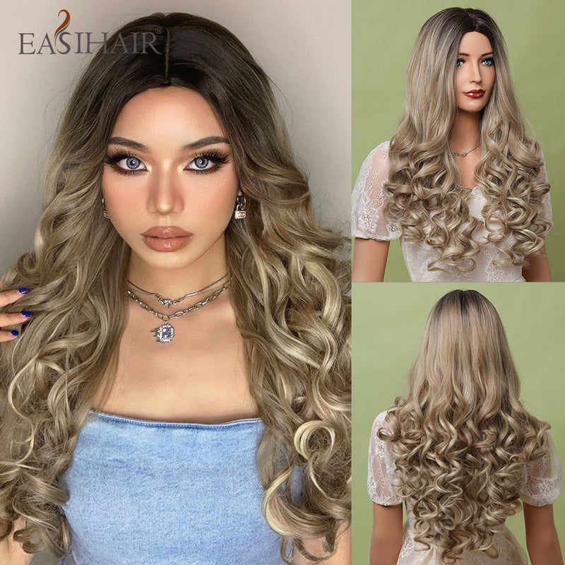 Pelucas EASIHAIR de color marrón claro con ondas de cuerpo largo y reflejos rubios, pelucas de pelo sintético resistentes al calor para Cosplay de parte media para mujeres