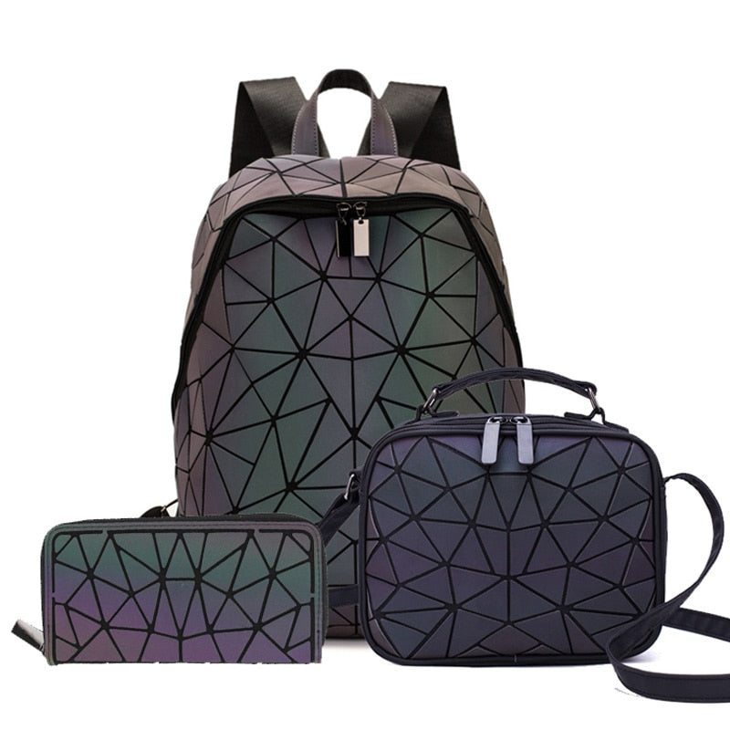 Conjunto de mochilas para mujer, mochila luminosa geométrica, bolso escolar, mochila de viaje noctilucente holográfica, mochila para estudiante femenina 2021