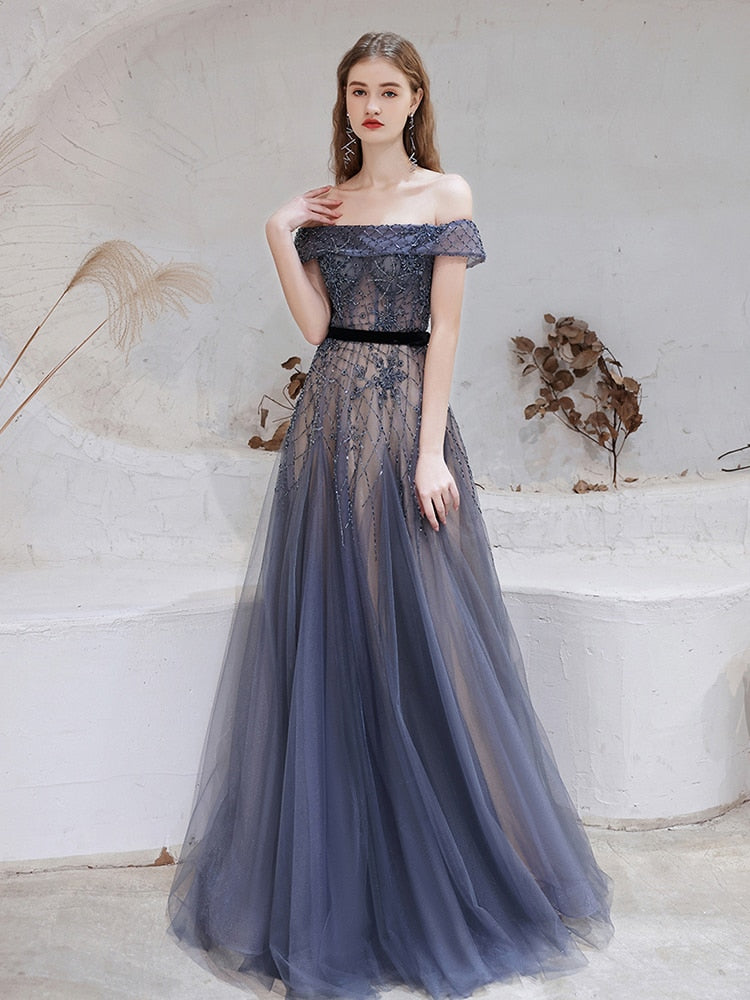 Dubai Dark Blue Evening Dresses 2021 New Arrivals Luxury Beaded Beading Formal Gown for Women