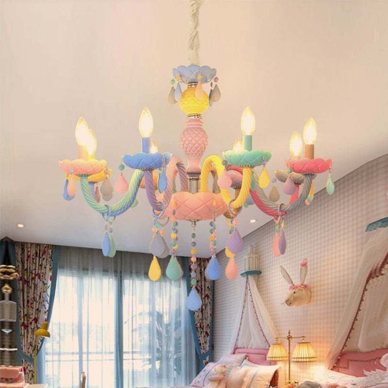 Rainbow Crystal Chandelier European Candle Bedroom Children's Room American Girl Princess Makaron Pendant Chandeliers Lighting