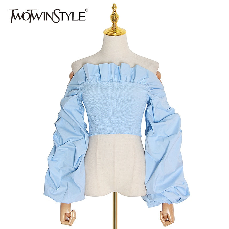 TWOTWINSTYLE Ruched Ruffles Blouses Womens Slash Neck Lantern Long Sleeve Slim Short Shirts For Female Fashion Clothes 2022 New