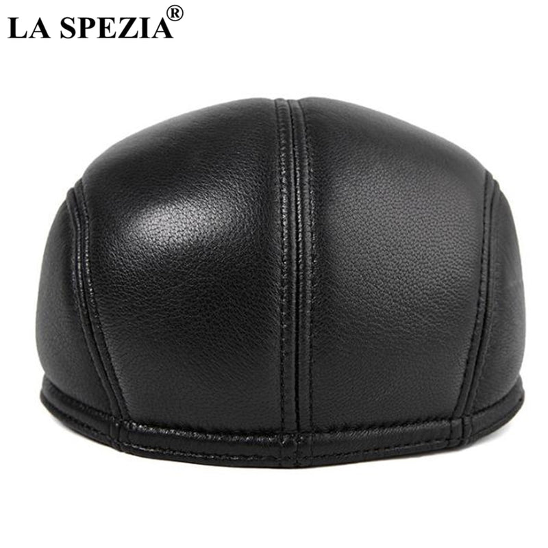 LA SPEZIA Winter Flat Caps Beret Men Black Warm Duckbill Hat Ivy Male Earflaps Thicker Genuine Leather Solid Classic Driving Cap