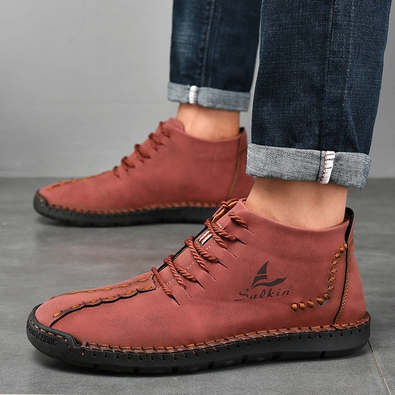 Nuevas botas de cuero hechas a mano para hombre, botines de moda, color caqui, azul, botas de plataforma de otoño para exteriores, zapatos de cuero informales para hombre, primavera