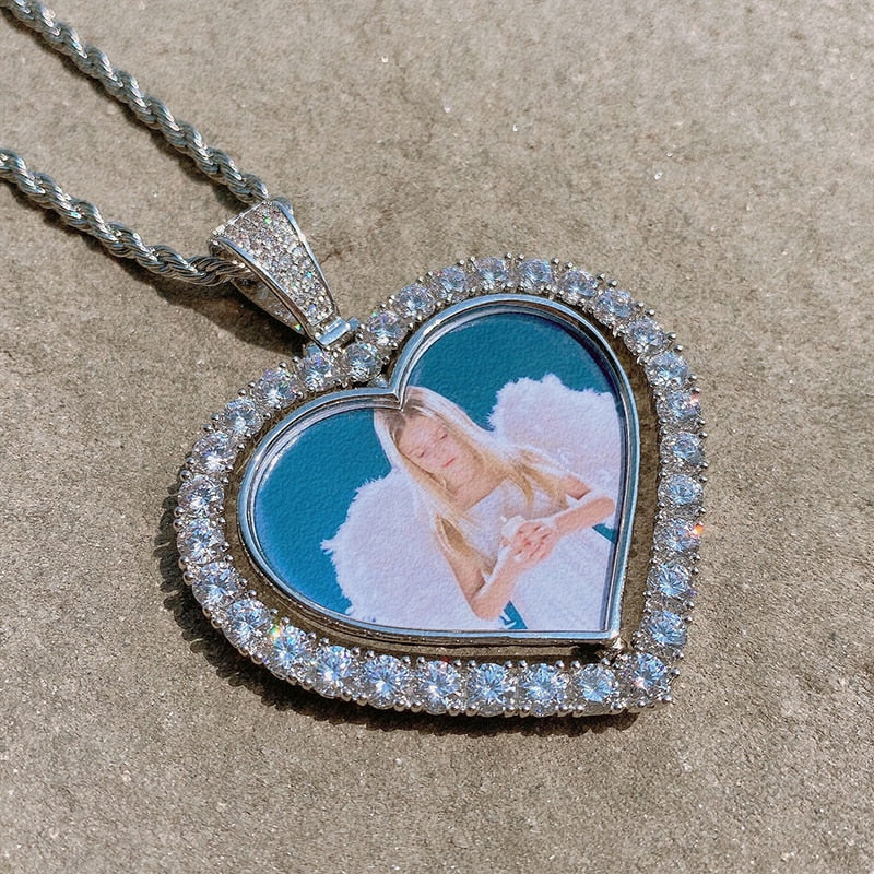 D&Z Custom Made Photo Rotating Heart Shape Double-sided Pendant Necklace 4mm Tennis Chain Zircon Men's Hip hop Jewelry