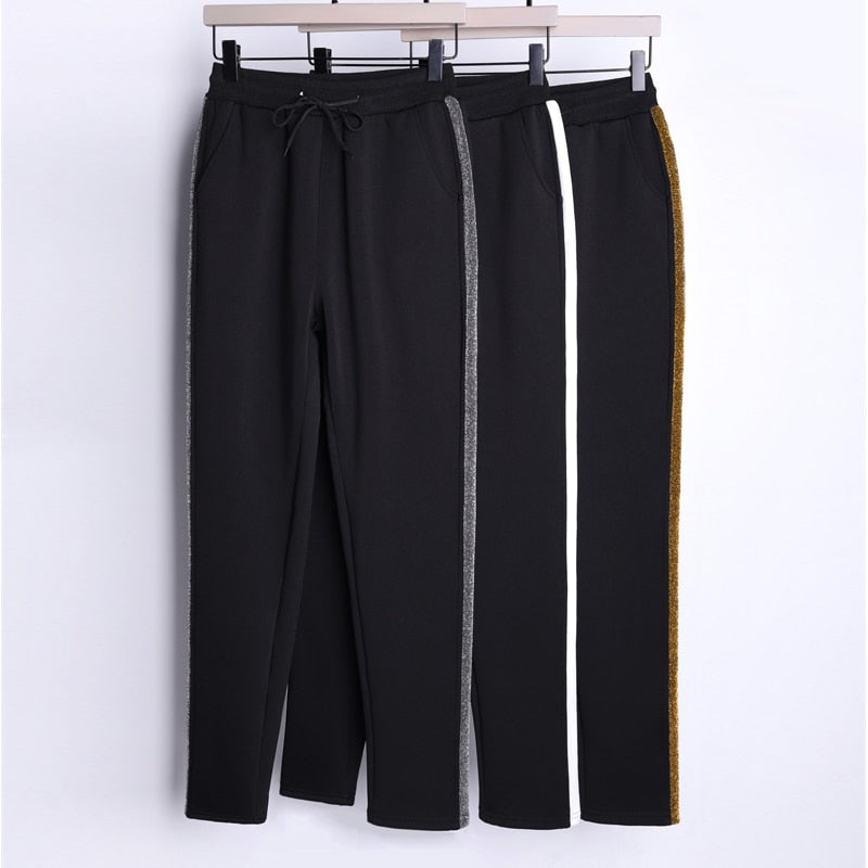 OUMENGKA, pantalones bombachos de Cachemira de invierno para mujer, pantalones informales gruesos y cálidos de Cachemira de piel de cordero, pantalones holgados de talla grande S-5XL con rayas laterales negras