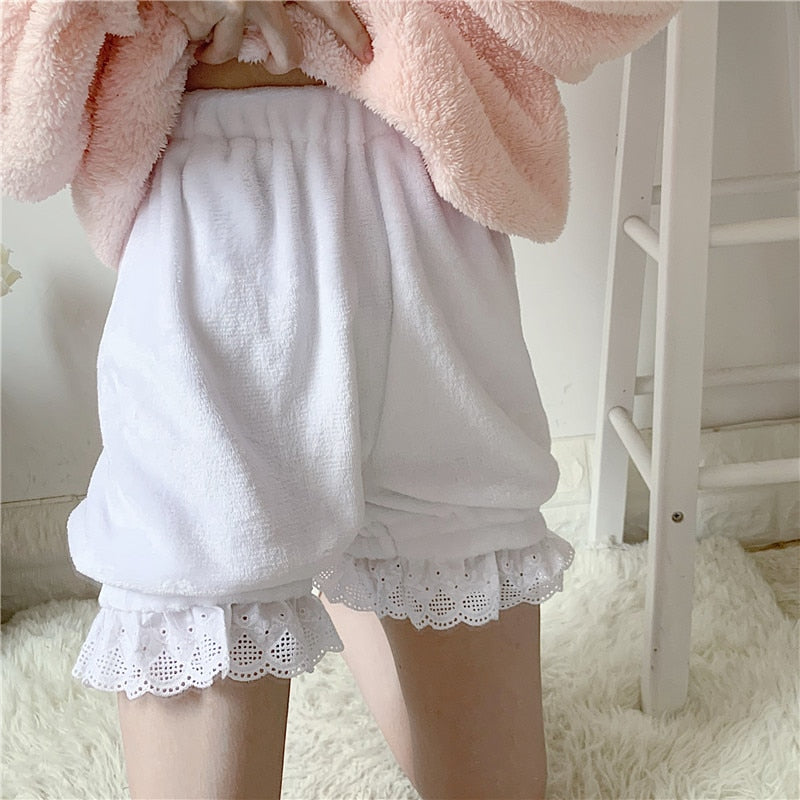 Winter Cute Lolita Girls Warm Velvet Shorts Sweet High Waist Lace Women's Plush Pajamas Shorts Summer Kawaii Bloomers Pink White