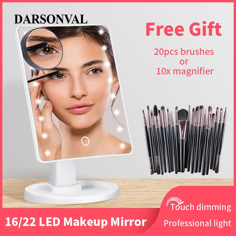 LED Makeup Mirror Illuminated Cosmetic Table Mirror With Light for Make Up Adjustable Light 16/22 Touch Screen Eyelash Brush