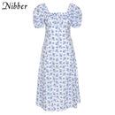 Nibber Y2k French Romance Retro low cut Dresses Women Floral Print lace up Puff Sleeve Side Slit Midi Dress Vacation Beachwear