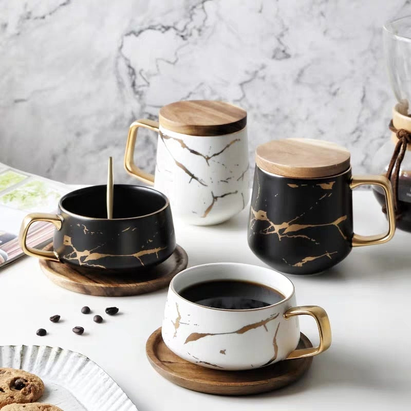 Luxury Nordic Marble Ceramic Coffee cups Condensed Coffee Mugs Cafe Tea breakfast Milk Cups Saucer Suit with Dish Spoon Set Ins