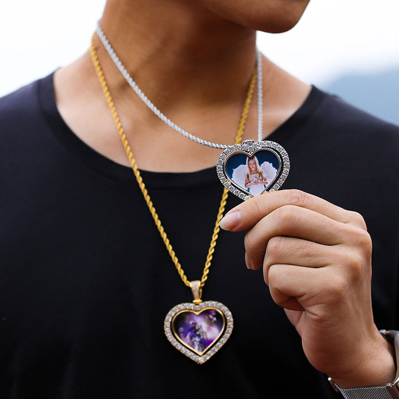 D&Z Custom Made Photo Rotating Heart Shape Double-sided Pendant Necklace 4mm Tennis Chain Zircon Men's Hip hop Jewelry