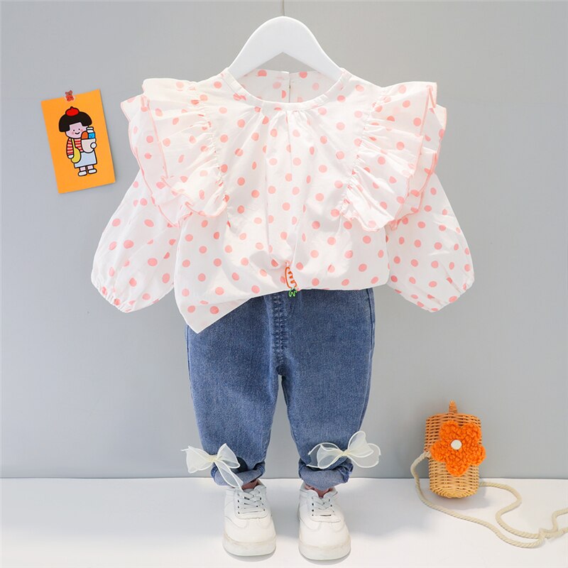 Conjuntos de ropa de primavera y otoño para niñas pequeñas, ropa de princesa para niños, Tops de lunares de encaje, pantalones vaqueros con lazo, disfraz para niños pequeños