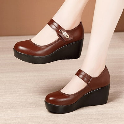 GKTINOO 2022 Spring Leather Shoes Women Platform Wedges Shoe High Heels Round Toe Comfortable Black Women Pumps Large Size 33-43