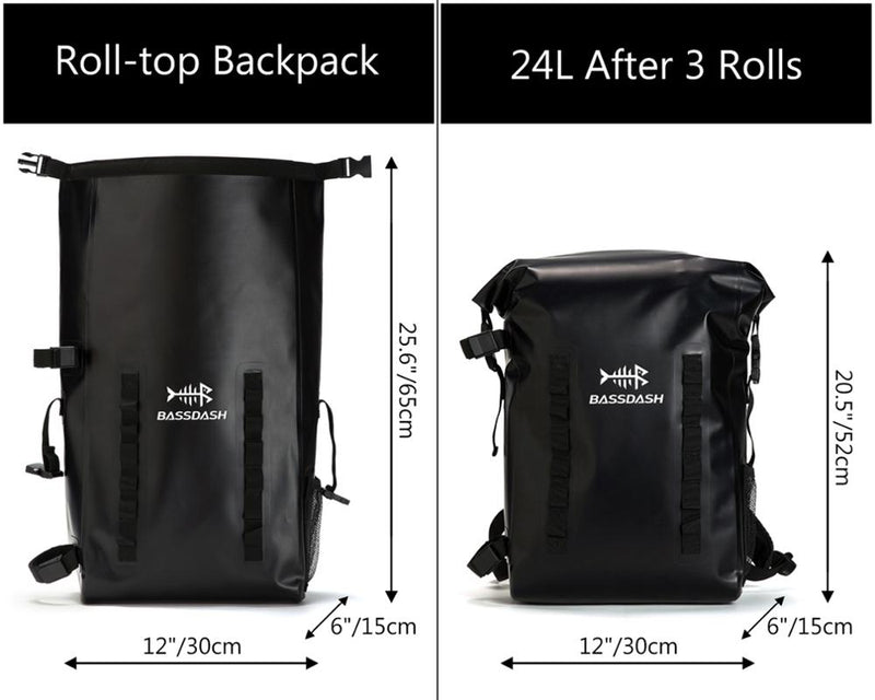 Bassdash Waterproof TPU Backpack 24L Roll-Top Dry Bag with Rod Holder for Fishing, Hiking, Camping, Kayaking, Rafting