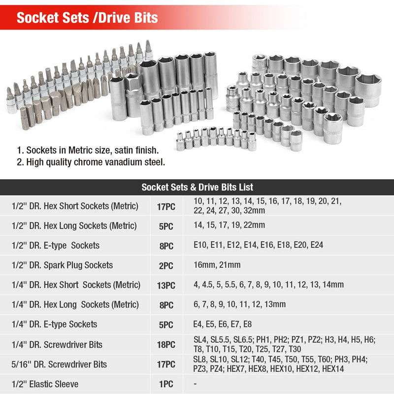 WORKPRO 108-teiliges Auto-Reparatur-Werkzeug-Set, Auto-Reparatur-Werkzeug-Kits, Steckschlüssel-Set, Bit-Set, Ratschenschlüssel