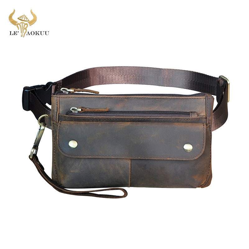 Cowhide Leather men Casual Fashion Travel Fanny Waist Belt Bag Chest Sling Bag Design Bum 7&quot; Phone Case Pouch Male 8136-G