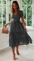 Vintage Print Puff Sleeve Dress Women Summer 2020 New Sweet Casual Square Collar Green Floral Print Long Dresses Slim Vestidos