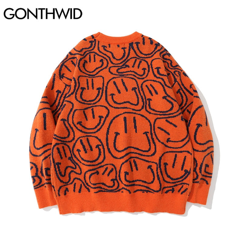 Suéter de punto de estilo Hip Hop, ropa de calle, suéter Harajuku Vintage con sonrisa, suéter para hombre, moda de otoño 2022, pareja, naranja y negro