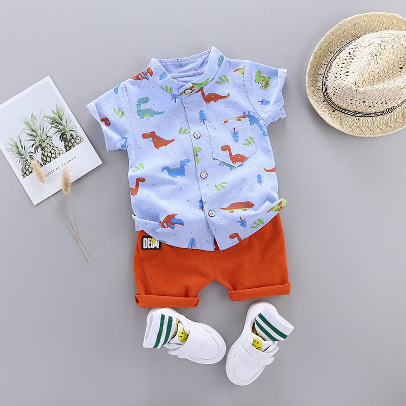 Conjunto de ropa de verano para bebés, camisa de manga corta con estampado de dinosaurio de dibujos animados para niños y pantalones de 1, 2, 3 y 4 años, atuendo para niños pequeños