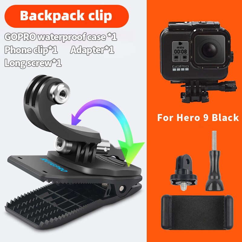 Para accesorios Go Pro, mochila con rotación de 360 ​​grados, abrazadera de Clip para GoPro Hero11 10 9 8 7 6 5Xiaomi yi para teléfono SJCAM SJ4000