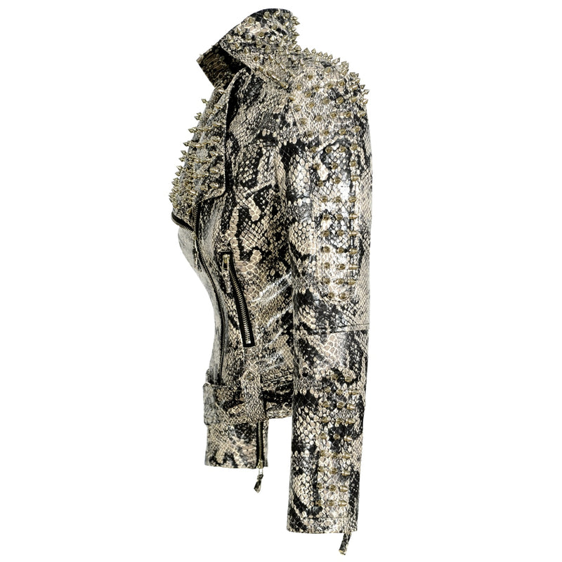 New Women Spring Leopard Print PU Rivet Jacket Zipper Studs Coat Lapel Collar Moto Belt Female Faux Leather Windbreak Outerwear