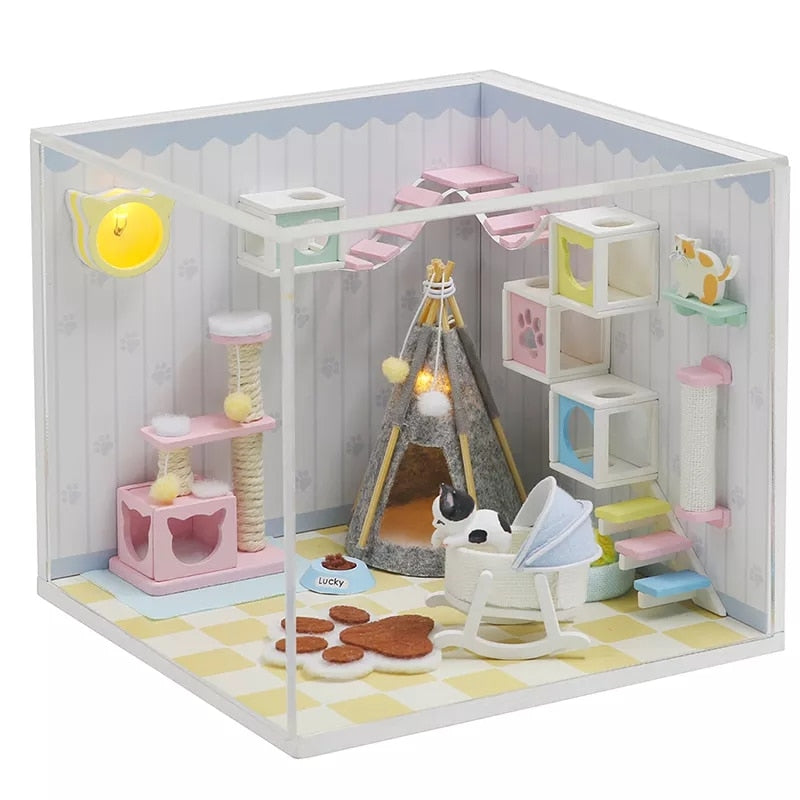 Cutebee DIYHouse Miniature with Furniture LED Music Dust Cover Model Building Blocks Toys for Children Casa De Boneca