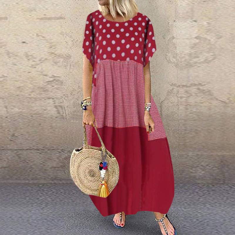 ZANZEA, Vestido largo bohemio con estampado de lunares, Vestido veraniego para mujer 2022, Vestido informal de manga corta a cuadros, Vestido de fiesta