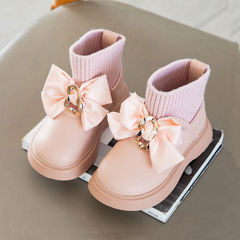 Little Kid Knit Ankle Pu Boots For Girl Metal Buckle Bow Shoes Slip On 2021 Winter Short Plush Warm Bbay Child Boot Size 21-30