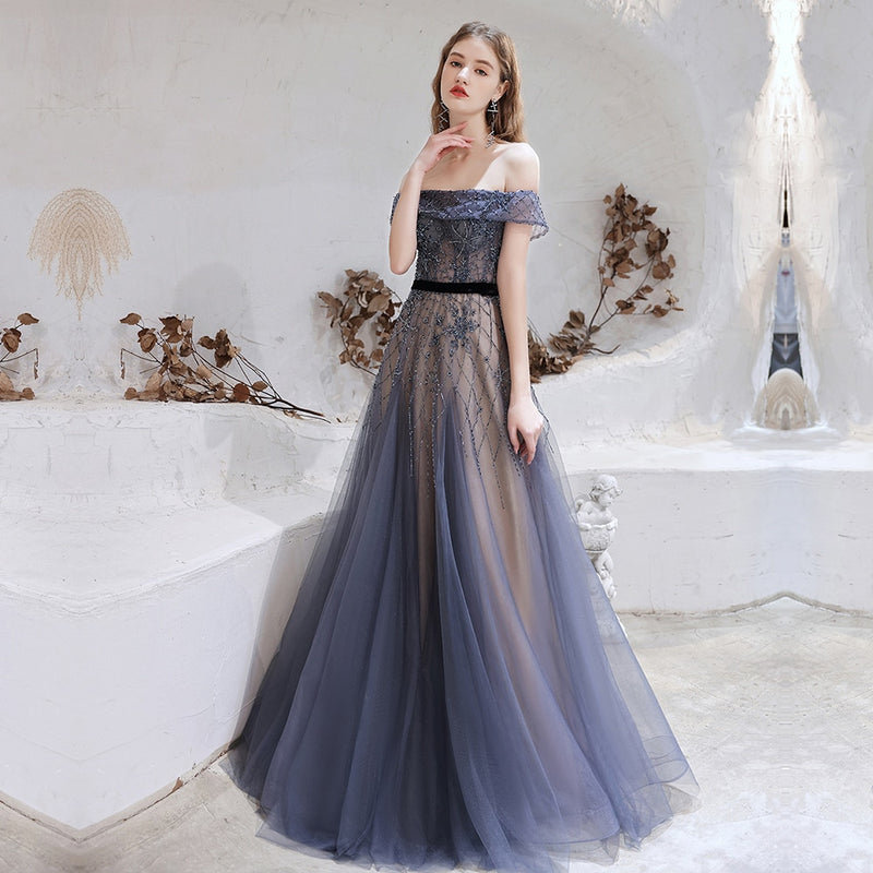 Dubai Dark Blue Evening Dresses 2021 New Arrivals Luxury Beaded Beading Formal Gown for Women