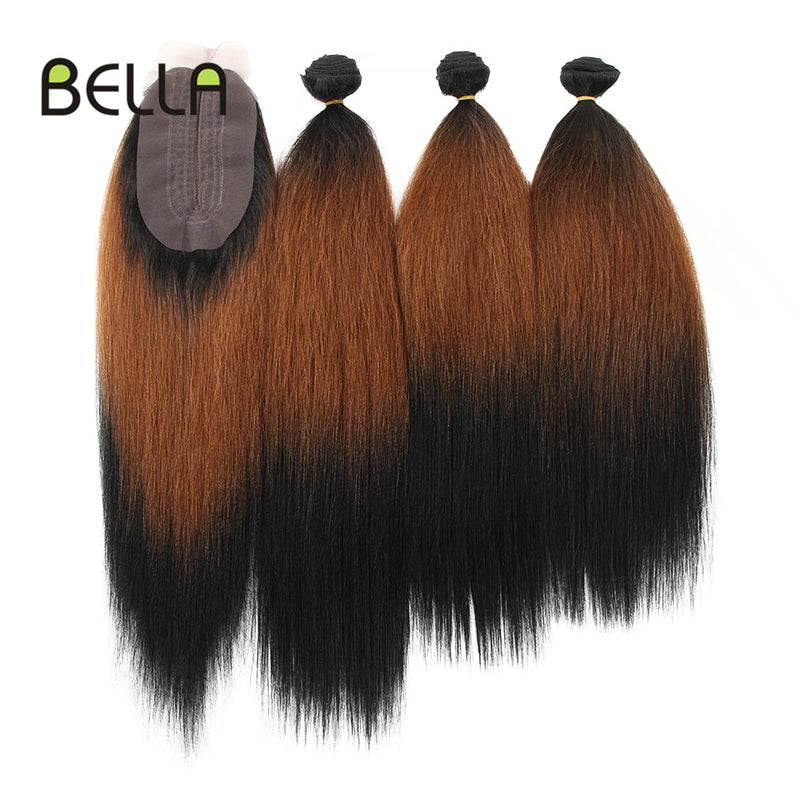 Mechones de pelo liso Yaki mechones Ombre pelo sintético 4 unids/pack 18-22 pulgadas 245g mechones con cierre BELLA extensiones de cabello tejido