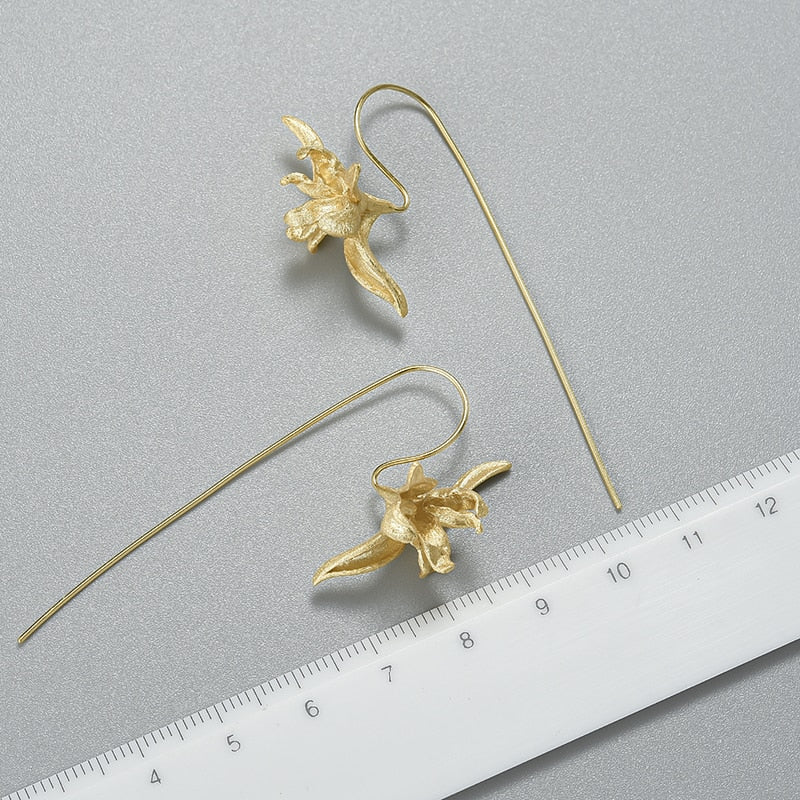 Lotus Fun Elegant Iris Flower Dangle Earrings Real 925 Sterling Silver 18K Gold Earrings for Women Gift Handmade Fine Jewelry