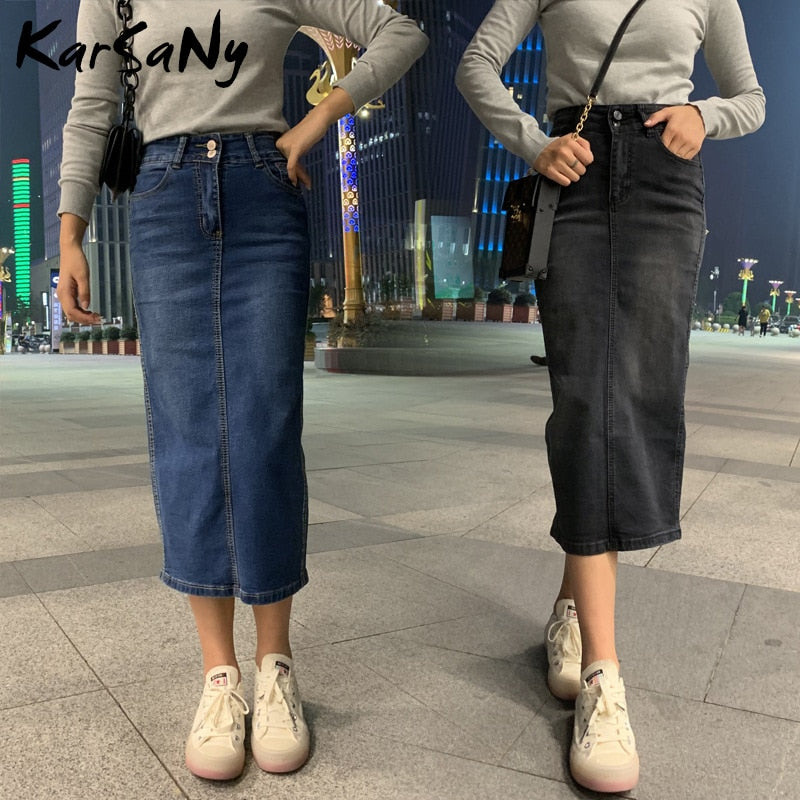 KarSaNy Denim Skirt Long Straight Skirts Womens Summer Blue Vintage Skirt Jeans Women Denim Long Skirts For Women Summer 2021