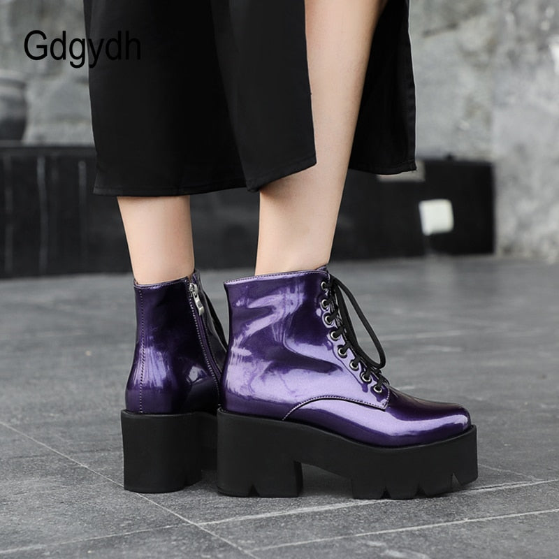 Gdgydh Punk Style Plateauabsatz Damen Stiefeletten Chunky Motorradstiefel für Damen Lackleder Lila Gelb Schuhe Große Größe