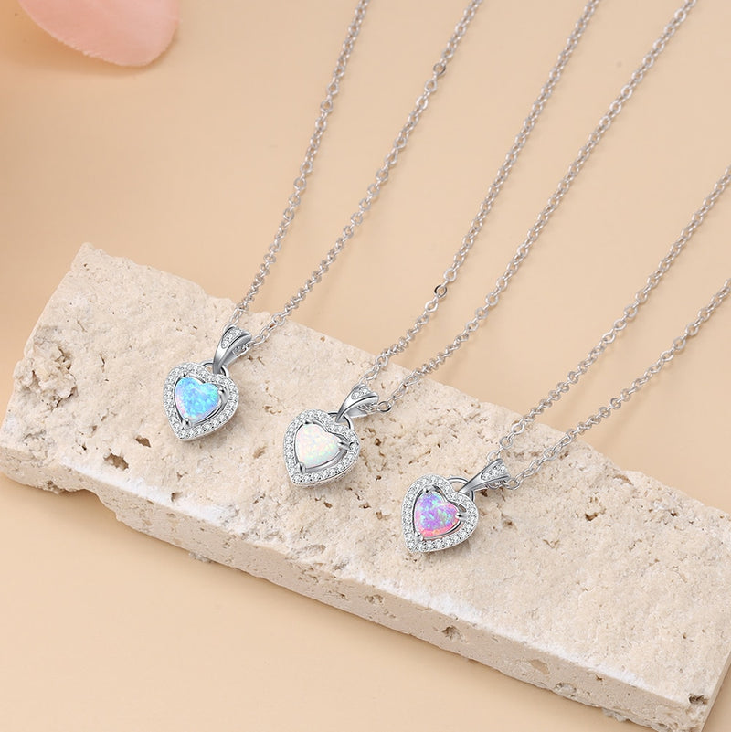 Collares de Color plateado en forma de corazón blanco rosa azul ópalo collares y colgantes con Zirconia cúbica joyería de moda regalo para mujer