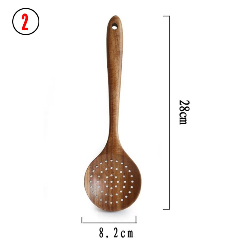 Vajilla de madera Natural de teca tailandesa, cuchara, cucharón, colador de arroz largo, espumadera para sopa, cucharas de cocina, juego de utensilios de cocina